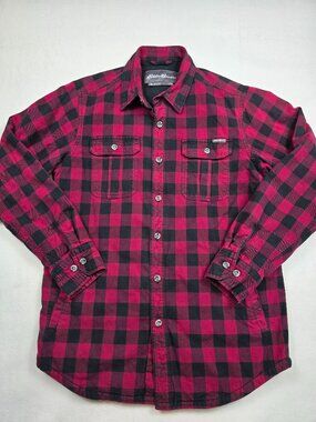 Eddie Bauer Mens S Red & Black Plaid Flannel Shirt / Jacket With Fleece Lining